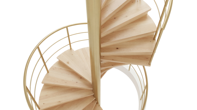Wooden spiral staircase with golden railing isolated PNG, modern architectural design element for interior decoration and construction projects - Powered by Adobe