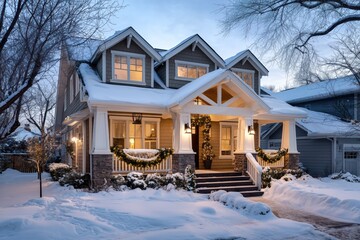 A Cozy Two - Story House in a Snow - Covered Neighborhood with Festive Decorations