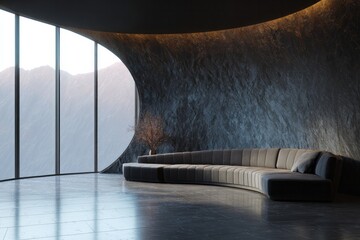 Modern curved sofa in a room with large windows and mountain view.