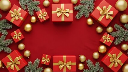 Circular Christmas Composition with Red Gift Boxes, Golden Ornaments, and Pine Branches on Red Background