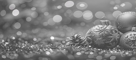 Panoramic Black and White Christmas Ornaments with Bokeh Lights