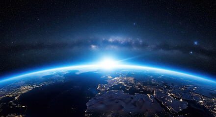 Fototapeta premium Earth's Horizon Illuminated by Sunrise Over Starry Expanse