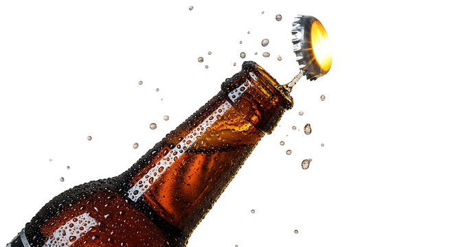 Beer bottle opening with splashing liquid against a dark background in studio