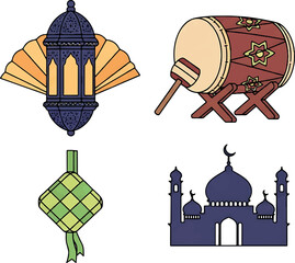 Ramadan Celebration Icons Lantern, Drum, Ketupat, and Mosque Symbols for Festive Designs