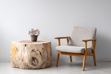 Wooden stump side table and armchair stand against a light wall.