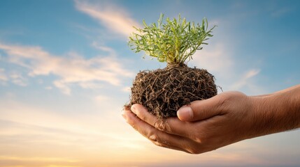 Fototapeta premium A hand holding a small green plant against a blue sky with clouds.