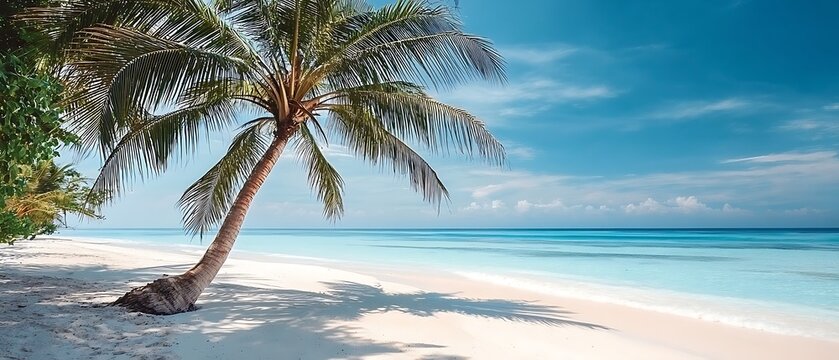 Vibrant tropical palm tree leaning over a pristine white sand beach and turquoise ocean under a bright blue sky with fluffy clouds