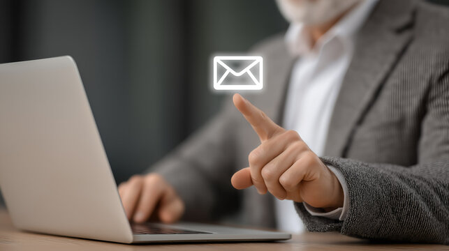 Businessman sending email from laptop digital communication online marketing and remote office workflow