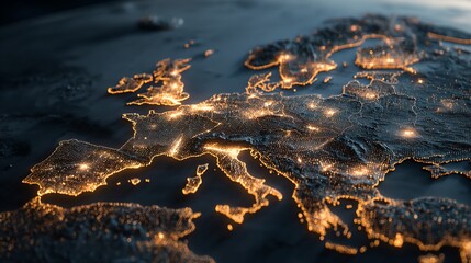 Europe at night, city lights illuminating the land in shades of gold