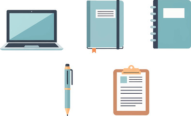 A collection of office supplies including a laptop, notebook, pen, and clipboard, perfect for business and study