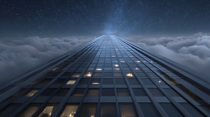 A majestic skyscraper ascends into a star filled night sky emerging from a sea of clouds