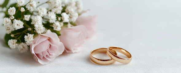 Golden wedding rings with roses on light background romantic marriage symbol for wedding invitation design