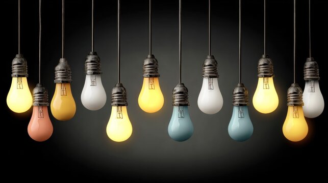 A row of colorful light bulbs hanging from a black cord against a black background. - Powered by Adobe