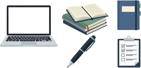 Vector illustration set of modern office and educational supplies for work or study, including a laptop, books, and a planner