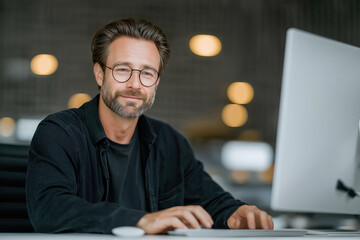 Smiling man with glasses working at computer in modern office remote work and freelance professional lifestyle