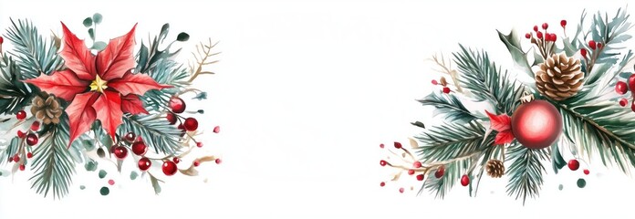 Festive Christmas Border with Poinsettia, Pine Cones, and Holly Berries