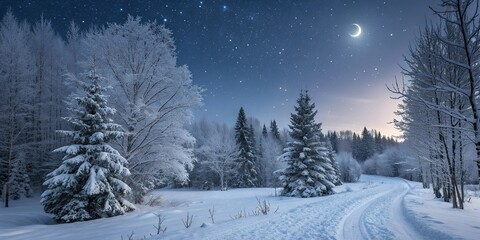 Peaceful snowy winter forest landscape at night with illuminated Christmas tree and cozy cabin glowing under moonlight and starry sky.