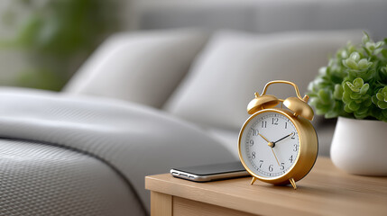 Golden alarm clock on bedside table with smartphone and plant bedroom morning time management routine concept