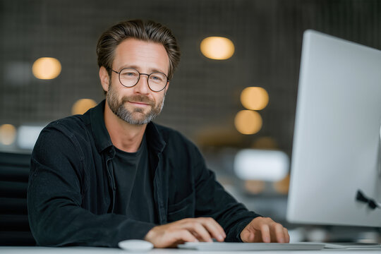 Smiling man with glasses working at computer in modern office remote work and freelance professional lifestyle