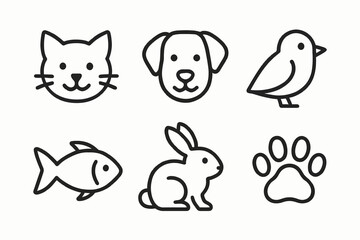 Cute animal icons featuring cat dog bird fish rabbit paw outline