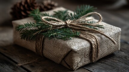 Rustic Burlap-Wrapped Gift with Pine Sprigs and Twine on Wooden Surface for Holiday Decor