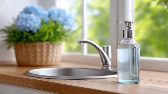 Modern kitchen sink with faucet soap dispenser and green plant clean home hygiene interior design concept
