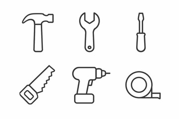 Line art of essential tools: hammer, wrench, screwdriver, saw, drill, tape