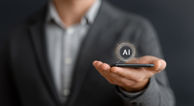 Businessman hand holding smartphone with glowing AI hologram artificial intelligence technology concept - Powered by Adobe