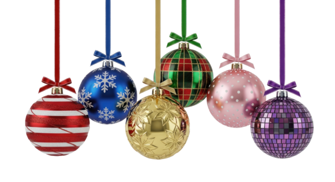 A collection of colorful Christmas ornaments hanging from ribbons.