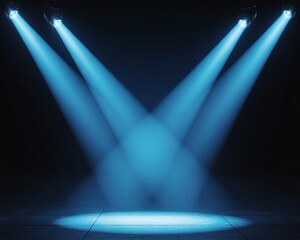 "Blue Spotlights Converging on Stage in Dark Theater Setting"