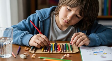 Young boy absorbed in coloring activity at home