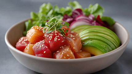 Colorful poke bowl with salmon tuna and avocado on grey table healthy lunch and clean eating concept