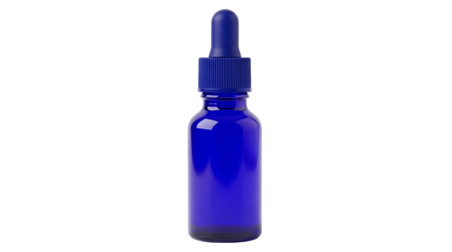 Cobalt blue glass bottle with dropper isolated PNG, essential oil container for aromatherapy and alternative medicine on transparent background - Powered by Adobe