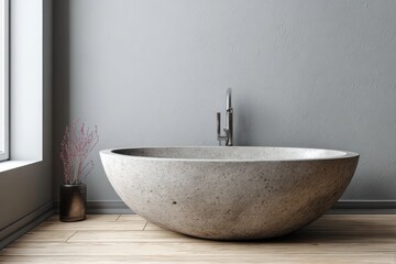 Minimalist bathroom features a stone basin bathtub and dry grass decor.
