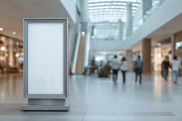 Blank vertical advertising billboard in bright shopping mall hall mockup for retail signage branding and commercial promotion design