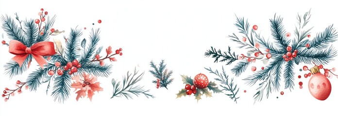 Watercolor Christmas Decorations with Pine Branches, Red Berries, Bow, and Bauble