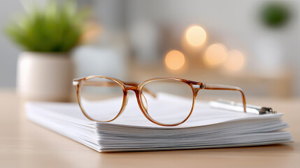 Reading glasses lying on stack of documents in soft light concept of office work education and business planning