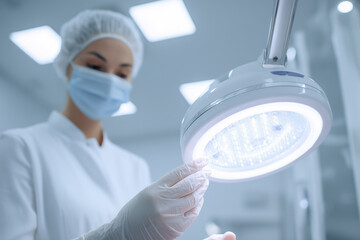 A female doctor in a mask and gloves adjusts a surgical lamp before surgery