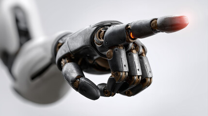 Robotic arm with metal finger pointing forward on grey background AI automation control and future technology concept