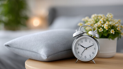 Silver alarm clock on bedside table with grey pillow and flowers cozy bedroom morning routine and time management concept