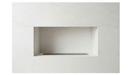 Modern white marble fireplace isolated on transparent background PNG, contemporary home decor for interior design and architectural visualization