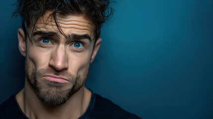 Young man with expressive face on teal background making skeptical funny look confusion and doubt reaction concept