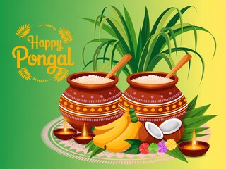 Vibrant happy pongal festival celebration with traditional pots and offerings