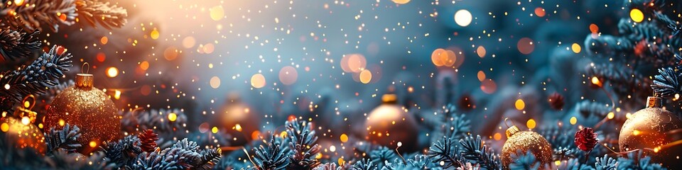Panoramic Winter Holiday Christmas Tree Decorations with Bokeh Lights
