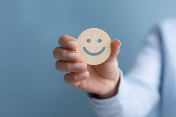 Hand holding wooden round smiley face icon on blue background customer satisfaction and positive feedback concept