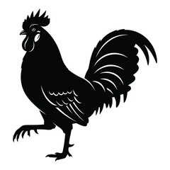 Elegant black silhouette of a rooster, a symbol of farm life and morning calls, isolated on