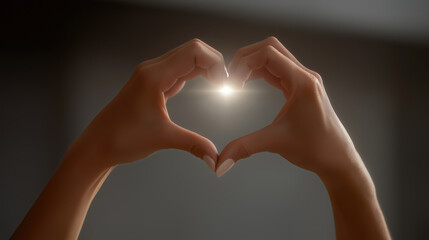 Hands forming heart shape with glowing light in center love care and charity support concept on dark background