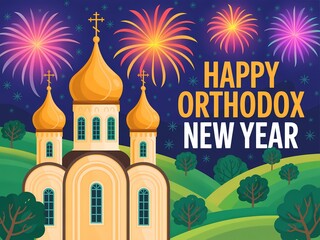 Fototapeta premium Vibrant orthodox church illuminated by festive fireworks celebrating the happy orthodox new year