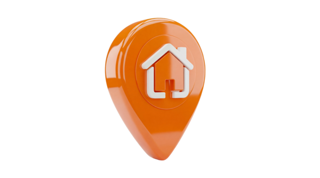 Orange location pin with house symbol isolated PNG, real estate and property search concept on transparent background