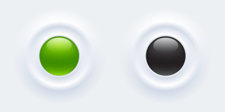 Minimal round neomorphic shape. User interface elements for mobile devices in the style of neumorphism. A set of white push buttons with on and off light. Vector illustration.